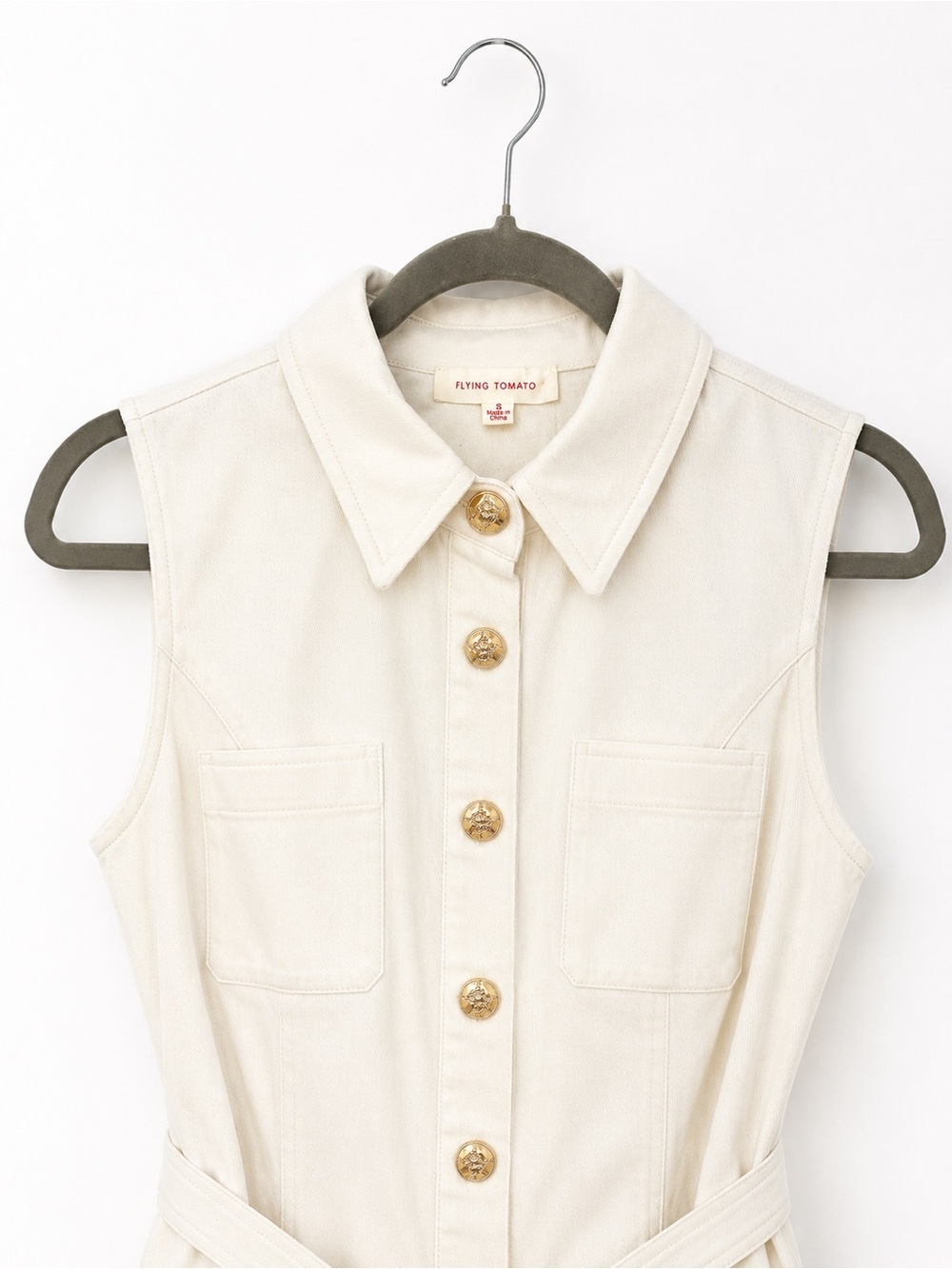 Flying Tomato Sleeveless Cream Button-Front Mini Dress with Belt - Picture 3 of 4